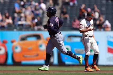 Sep 13, 2023; San Francisco, California, USA; Cleveland Guardians third baseman Jose Ramirez (11) hits a two run home run during the first inning against the San Francisco Giants at Oracle Park. Mandatory Credit: Sergio Estrada-USA TODAY Sports