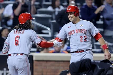 Sep 15, 2023; New York City, New York, USA; Cincinnati Reds second baseman Jonathan India (6) celebrates his two run home run against the New York Mets with catcher Luke Maile (22) during the seventh inning at Citi Field. Mandatory Credit: Brad Penner-USA TODAY Sports