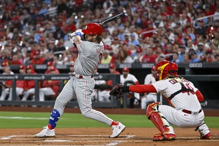 Sep 15, 2023; St. Louis, Missouri, USA;  Philadelphia Phillies first baseman Bryce Harper (3) drives in a run on a fielders choice against the St. Louis Cardinals during the first inning at Busch Stadium. Mandatory Credit: Jeff Curry-USA TODAY Sports