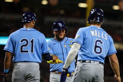 Sep 15, 2023; Baltimore, Maryland, USA; Tampa Bay Rays designated hitter Harold Ramirez (43) celebrates with center fielder Manuel Margot (13) and third baseman Taylor Walls (6) after hitting a three run home run against the Baltimore Orioles during the sixth inning at Oriole Park at Camden Yards. Mandatory Credit: Scott Taetsch-USA TODAY Sports