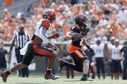 Sep 16, 2023; Corvallis, Oregon, USA; Oregon State Beavers wide receiver Anthony Gould (2) runs the ball during the first half against the San Diego State Aztecs at Reser Stadium. Mandatory Credit: Soobum Im-USA TODAY Sports