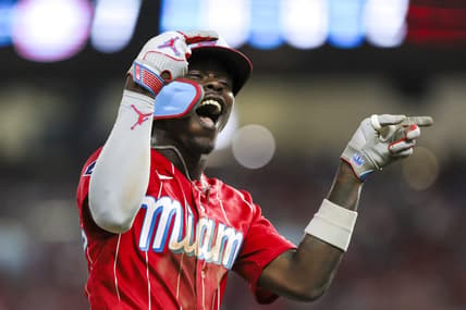 Sep 16, 2023; Miami, Florida, USA; Miami Marlins center fielder Jazz Chisholm Jr. (2) celebrates after hitting a grand slam against the Atlanta Braves during the eighth inning at loanDepot Park. Mandatory Credit: Sam Navarro-USA TODAY Sports
