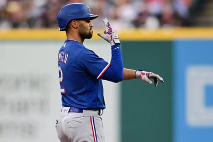 Sep 16, 2023; Cleveland, Ohio, USA; Texas Rangers second baseman Marcus Semien (2) celebrates after hitting an RBI double during the fifth inning against the Cleveland Guardians at Progressive Field. Mandatory Credit: Ken Blaze-USA TODAY Sports
