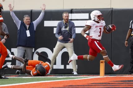 Sep 16, 2023; Stillwater, Oklahoma, USA; South Alabama Jaguars running back La'Damian Webb (3) runs past Oklahoma State Cowboys safety Trey Rucker (9) to score a touchdown at Boone Pickens Stadium. Mandatory Credit: Bryan Terry-USA TODAY Sports