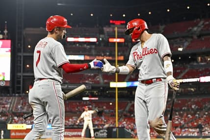 Sep 16, 2023; St. Louis, Missouri, USA;  Philadelphia Phillies right fielder Nick Castellanos (8) celebrates with shortstop Trea Turner (7) after scoring against the St. Louis Cardinals during the ninth inning at Busch Stadium. Mandatory Credit: Jeff Curry-USA TODAY Sports