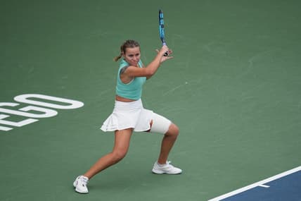 Sep 16, 2023; San Diego, CA, USA;  Sofia Kenin of the United States hits a forehand against Barbora Krejcikova of the Czech Republic (not pictured) during the finals of the San Diego Open at Barnes Tennis Center. Mandatory Credit: Ray Acevedo-USA TODAY Sports
