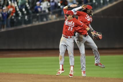 Sep 16, 2023; New York City, New York, USA; Cincinnati Reds center fielder TJ Friedl (29) and shortstop Elly De La Cruz (44) celebrate after defeating the New York Mets 3-2 at Citi Field. Mandatory Credit: Wendell Cruz-USA TODAY Sports