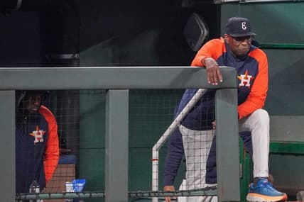 Sep 16, 2023; Kansas City, Missouri, USA; Houston Astros manager Dusty Baker Jr. (12) watches play from the dugout against the Kansas City Royals in the eighth inning at Kauffman Stadium. Mandatory Credit: Denny Medley-USA TODAY Sports