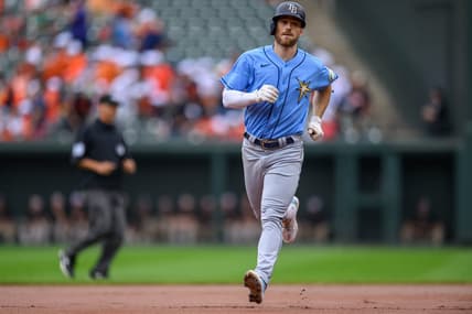 Sep 17, 2023; Baltimore, Maryland, USA; Tampa Bay Rays second baseman Brandon Lowe (8) scores a run during the first inning against the Baltimore Orioles at Oriole Park at Camden Yards. Mandatory Credit: Reggie Hildred-USA TODAY Sports