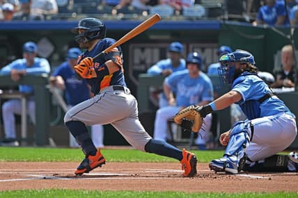 Sep 17, 2023; Kansas City, Missouri, USA; Houston Astros second baseman Jose Altuve (27) hits a single in the first inning against the Kansas City Royals at Kauffman Stadium. Mandatory Credit: Peter Aiken-USA TODAY Sports