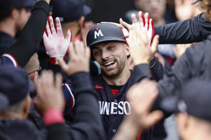 Sep 17, 2023; Chicago, Illinois, USA; Minnesota Twins second baseman Edouard Julien (47) celebrates with teammates after hitting a three-run home run against the Chicago White Sox during the fifth inning at Guaranteed Rate Field. Mandatory Credit: Kamil Krzaczynski-USA TODAY Sports