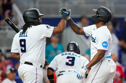 Sep 17, 2023; Miami, Florida, USA; Miami Marlins designated hitter Jorge Soler, right, celebrates with first baseman Josh Bell (9) after hitting a home run against the Atlanta Braves during the sixth inning at loanDepot Park. Mandatory Credit: Rich Storry-USA TODAY Sports