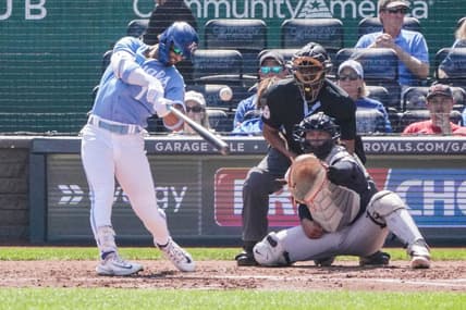 Sep 18, 2023; Kansas City, Missouri, USA; Kansas City Royals left fielder MJ Melendez (1) hits a triple against the Cleveland Guardians in the third inning at Kauffman Stadium. Mandatory Credit: Denny Medley-USA TODAY Sports