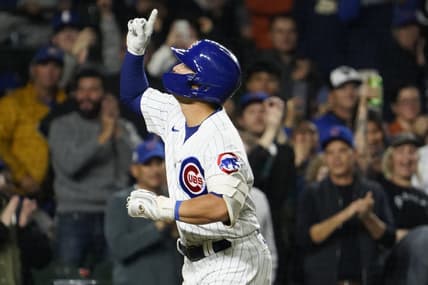 Sep 19, 2023; Chicago, Illinois, USA; Chicago Cubs right fielder Seiya Suzuki (27) gestures after hitting a home run against the Pittsburgh Pirates during the third inning at Wrigley Field. Mandatory Credit: David Banks-USA TODAY Sports