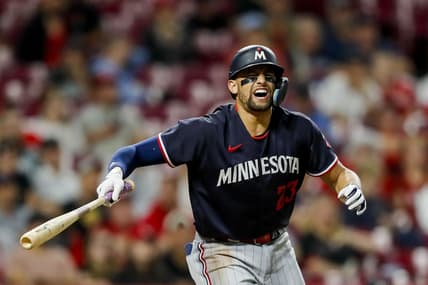 Sep 19, 2023; Cincinnati, Ohio, USA; Minnesota Twins third baseman Royce Lewis (23) reacts after being injured during his at-bat in the eighth inning against the Cincinnati Reds at Great American Ball Park. Mandatory Credit: Katie Stratman-USA TODAY Sports
