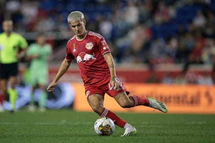 Sep 20, 2023; Harrison, New Jersey, USA; New York Red Bulls defender John Tolkin (47) controls the ball in the first half against the Austin FC at Red Bull Arena. Mandatory Credit: Vincent Carchietta-USA TODAY Sports