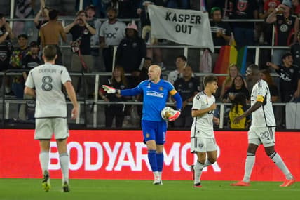 Sep 20, 2023; Washington, District of Columbia, USA;  Atlanta United goalkeeper Brad Guzan (1) collects a loose ball during the first half against the D.C. United at Audi Field. Mandatory Credit: Tommy Gilligan-USA TODAY Sports