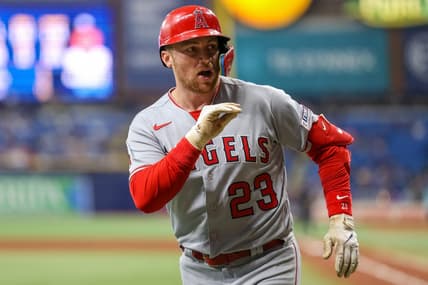 Sep 20, 2023; St. Petersburg, Florida, USA;  Los Angeles Angels designated hitter Brandon Drury (23) reacts after hitting a two run home run against the Tampa Bay Rays in the sixth inning at Tropicana Field. Mandatory Credit: Nathan Ray Seebeck-USA TODAY Sports