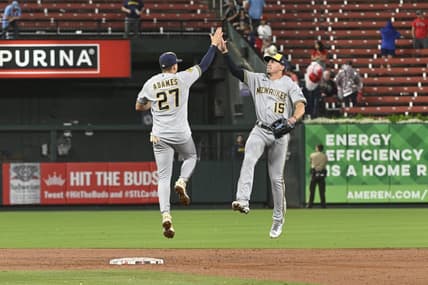 Sep 20, 2023; St. Louis, Missouri, USA; Milwaukee Brewers left fielder Tyrone Taylor (15) celebrates with shortstop Willy Adames (27) after defeating the St. Louis Cardinals at Busch Stadium. Mandatory Credit: Jeff Le-USA TODAY Sports