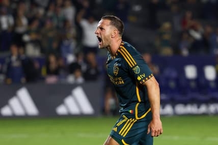 Sep 20, 2023; Carson, California, USA; Los Angeles Galaxy forward Billy Sharp (27) reacts to scoring a goal during the second half against Minnesota United FC at Dignity Health Sports Park. Mandatory Credit: Kiyoshi Mio-USA TODAY Sports