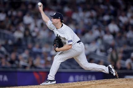 Sep 21, 2023; Bronx, New York, USA; New York Yankees starting pitcher Gerrit Cole (45) pitches against the Toronto Blue Jays during the fifth inning at Yankee Stadium. Mandatory Credit: Brad Penner-USA TODAY Sports