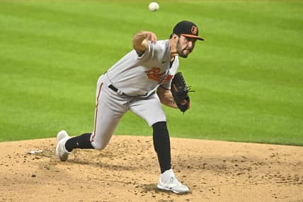 Sep 21, 2023; Cleveland, Ohio, USA; Baltimore Orioles starting pitcher Grayson Rodriguez (30) delivers a pitch in the second inning against the Cleveland Guardians at Progressive Field. Mandatory Credit: David Richard-USA TODAY Sports