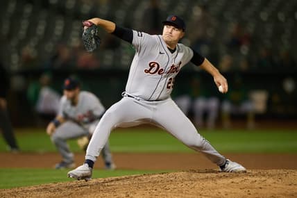 Sep 21, 2023; Oakland, California, USA; Detroit Tigers pitcher Tarik Skubal (29) throws a pitch against the Oakland Athletics during the sixth inning at Oakland-Alameda County Coliseum. Mandatory Credit: Robert Edwards-USA TODAY Sports