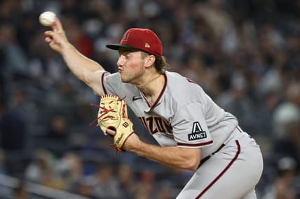 Sep 22, 2023; Bronx, New York, USA; Arizona Diamondbacks starting pitcher Brandon Pfaadt (32) delivers a pitch during the third inning against the New York Yankees at Yankee Stadium. Mandatory Credit: Vincent Carchietta-USA TODAY Sports