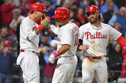 Sep 22, 2023; Philadelphia, Pennsylvania, USA; Philadelphia Phillies catcher J.T. Realmuto (10) celebrates with right fielder Nick Castellanos (8) and designated hitter Bryce Harper (3) after hitting a three run home run during the sixth inning against the New York Mets at Citizens Bank Park. Mandatory Credit: Eric Hartline-USA TODAY Sports