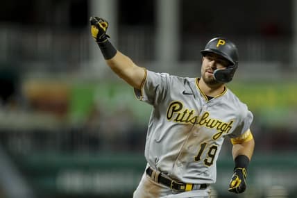 Sep 22, 2023; Cincinnati, Ohio, USA; Pittsburgh Pirates second baseman Jared Triolo (19) reacts after hitting a solo home run in the sixth inning against the Cincinnati Reds at Great American Ball Park. Mandatory Credit: Katie Stratman-USA TODAY Sports