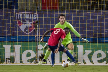 Sep 23, 2023; Frisco, Texas, USA; Columbus Crew goalkeeper Patrick Schulte (28) stops a shot by FC Dallas forward Jader Obrian (8) during the first half at Toyota Stadium. Mandatory Credit: Jerome Miron-USA TODAY Sports