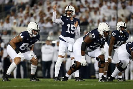 Sep 23, 2023; University Park, Pennsylvania, USA; Penn State Nittany Lions quarterback Drew Allar (15) gestures from the line of scrimmage during the first quarter against the Iowa Hawkeyes at Beaver Stadium. Mandatory Credit: Matthew O'Haren-USA TODAY Sports