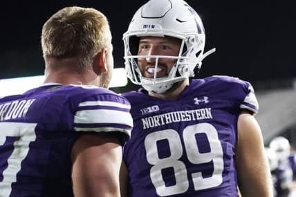 Sep 23, 2023; Evanston, Illinois, USA; Northwestern Wildcats tight end Charlie Mangieri (89) celebrates his game winning touchdown in overtime against the Minnesota Golden Gophers during the second half at Ryan Field. Mandatory Credit: David Banks-USA TODAY Sports