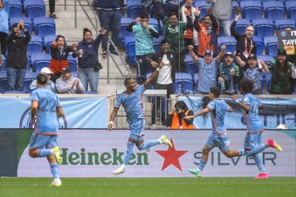 Sep 24, 2023; Harrison, New Jersey, USA; New York City FC midfielder Andres Perea (15) celebrates his goal during the first half against Toronto FC at Red Bull Arena. Mandatory Credit: Mark Smith-USA TODAY Sports