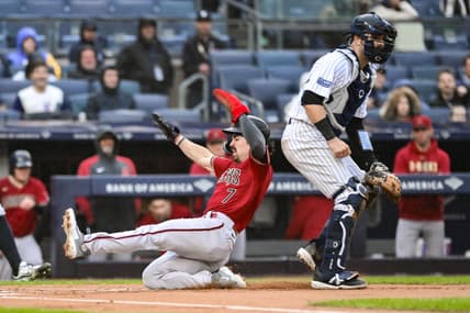 Sep 24, 2023; Bronx, New York, USA; Arizona Diamondbacks left fielder Corbin Carroll (7) scores on a sacrifice fly by first baseman Christian Walker (not pictured) during the first inning against the New York Yankees at Yankee Stadium. Mandatory Credit: John Jones-USA TODAY Sports