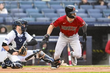 Sep 24, 2023; Bronx, New York, USA; Arizona Diamondbacks left fielder Corbin Carroll (7) hits a double against the New York Yankees during the first inning at Yankee Stadium. Mandatory Credit: John Jones-USA TODAY Sports