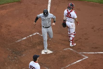 Sep 24, 2023; Boston, Massachusetts, USA; Chicago White Sox catcher Korey Lee (26) scores a run during the fifth inning against the Boston Red Sox at Fenway Park. Mandatory Credit: Bob DeChiara-USA TODAY Sports