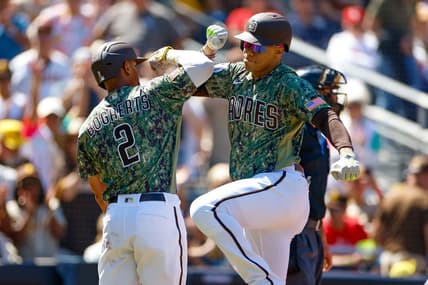 Sep 24, 2023; San Diego, California, USA; San Diego Padres left fielder Juan Soto (22) celebrates with San Diego Padres designated hitter Xander Bogaerts (2) after hitting a three run home run in the first inning against the St. Louis Cardinals at Petco Park. Mandatory Credit: David Frerker-USA TODAY Sports
