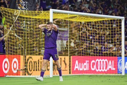 Sep 24, 2023; Orlando, Florida, USA; Orlando City forward Duncan McGuire (13) reacts during the first half against Inter Miami CF at Exploria Stadium. Mandatory Credit: Cory Knowlton-USA TODAY Sports