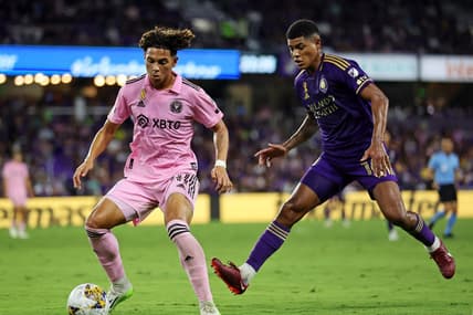 Sep 24, 2023; Orlando, Florida, USA; Inter Miami CF midfielder David Ruiz (41) controls the ball against Orlando City midfielder Wilder Cartagena (16) during the first half at Exploria Stadium. Mandatory Credit: Cory Knowlton-USA TODAY Sports