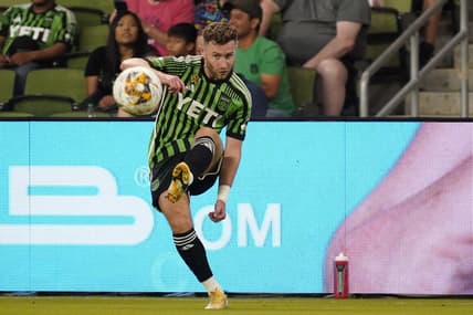 Sep 24, 2023; Austin, Texas, USA; Austin FC forward Jon Gallagher (17) kicks the ball against the Los Angeles Galaxy during the first half at Q2 Stadium. Mandatory Credit: Scott Wachter-USA TODAY Sports