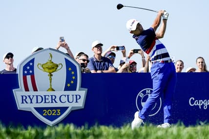 Sep 27, 2023; Rome, ITA; Team USA golfer Collin Morikawa tees off on the third hole during a practice day for the Ryder Cup golf competition at Marco Simone Golf and Country Club. Mandatory Credit: Adam Cairns-USA TODAY Sports