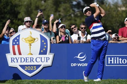Sep 27, 2023; Rome, ITA; Team USA golfer Scottie Scheffler tees off on six during a practice day for the Ryder Cup golf competition at Marco Simone Golf and Country Club. Mandatory Credit: Adam Cairns-USA TODAY Sports