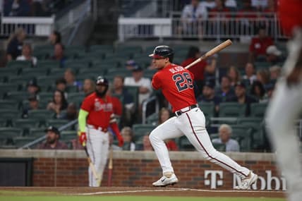 Sep 29, 2023; Atlanta, Georgia, USA; Atlanta Braves first baseman Matt Olson (28) hits a RBI single against the Washington Nationals in the first inning at Truist Park. Mandatory Credit: Brett Davis-USA TODAY Sports