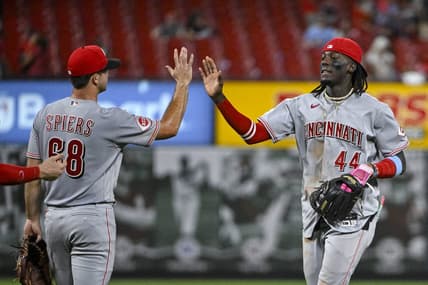 Sep 29, 2023; St. Louis, Missouri, USA;  Cincinnati Reds shortstop Elly De La Cruz (44) and relief pitcher Carson Spiers (68) celebrate after the Reds defeated the St. Louis Cardinals at Busch Stadium. Mandatory Credit: Jeff Curry-USA TODAY Sports