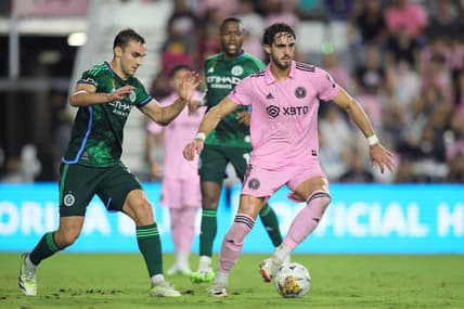 Sep 30, 2023; Fort Lauderdale, Florida, USA; Inter Miami CF forward Leonardo Campana (9) controls the ball while defended by New York City FC midfielder James Sands (6) during the second half at DRV PNK Stadium. Mandatory Credit: Sam Navarro-USA TODAY Sports
