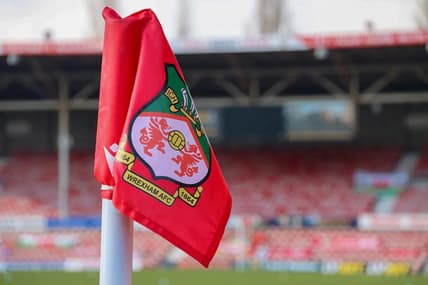 A Wrexham AFC flag at Racecourse Grounds in Wrexham, Wales.