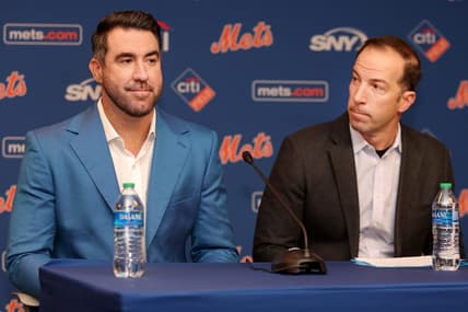 Dec 20, 2022; NY, NY, USA; New York Mets pitcher Justin Verlander (left) speaks to the media with general manager Billy Eppler during a press conference at Citi Field. Mandatory Credit: Brad Penner-USA TODAY Sports