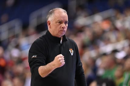 Mar 7, 2023; Greensboro, NC, USA; Virginia Tech Hokies head coach Mike Young reacts in the first half at Greensboro Coliseum. Mandatory Credit: Bob Donnan-USA TODAY Sports