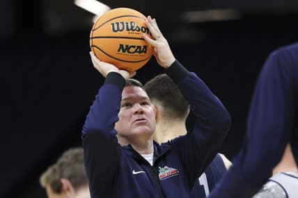 Mar 15, 2023; Sacramento, CA, USA; Arizona Wildcats head coach Tommy Lloyd shoots the basketball during practice day at Golden 1 Center. Mandatory Credit: Kelley L Cox-USA TODAY Sports